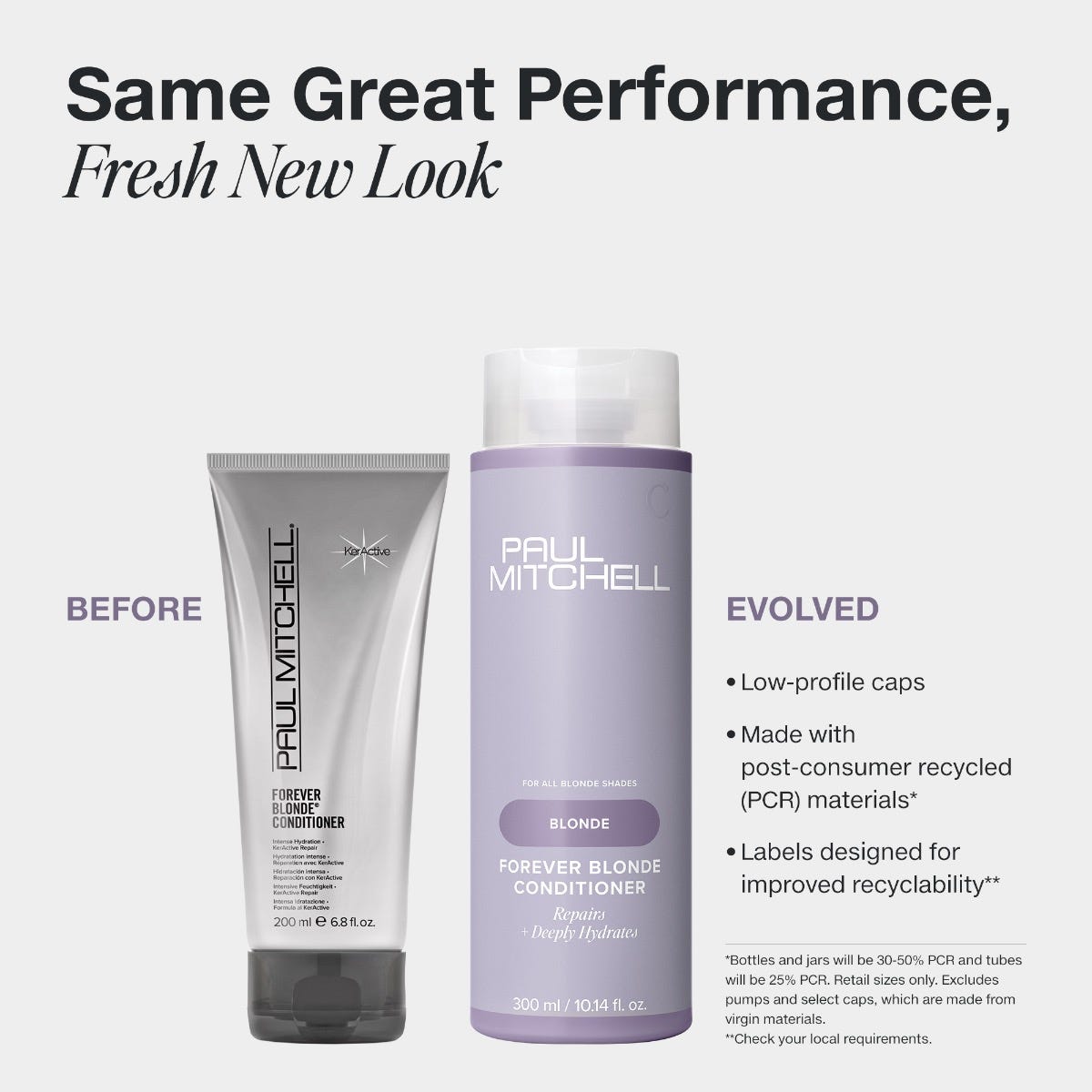 Paul Mitchell Forever Blonde Conditioner in new PCR packaging with a low-profile cap.